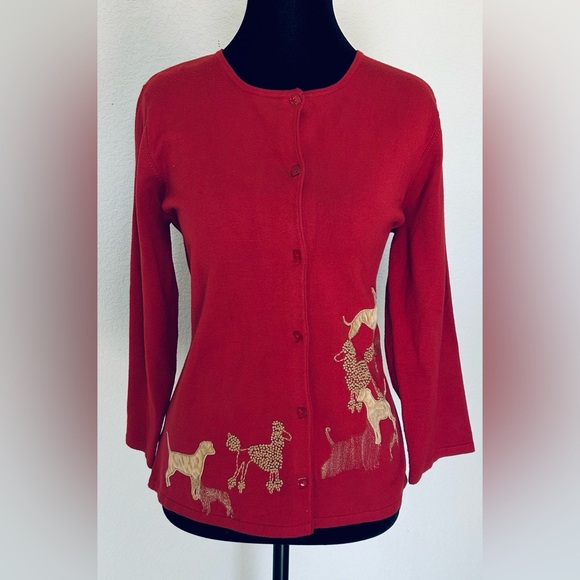 Susan Bristol Sweaters - Susan Bristol Red Embroidered Dog Cardigan Wool Blend Button Cottagecore F22605